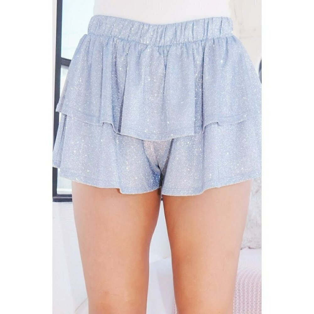 Center Stage Sparkly Tiered Shorts in Cloud Blue - Picture 3 of 10